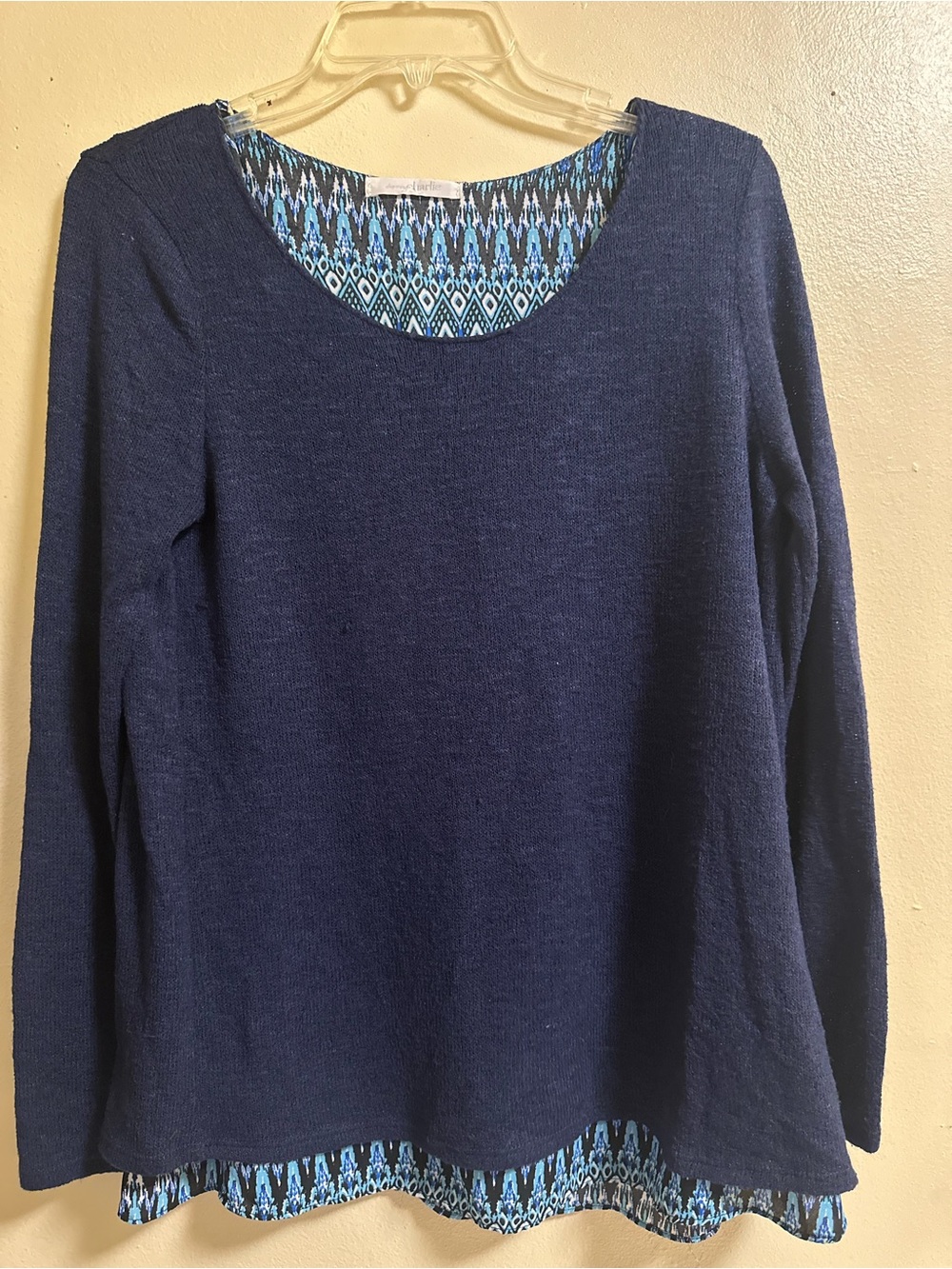 Charming Charlie Navy Scoop Neck Layered-Look Sweatshirt with Blue Pattern 1x
